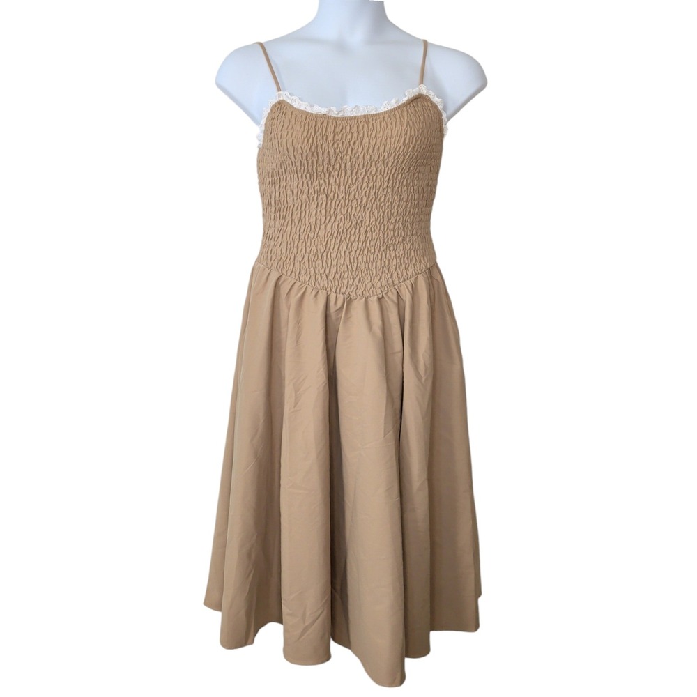 Cottage Minimalist Coquette Smocked Midi Dress Size Medium Beige Pockets Stretch